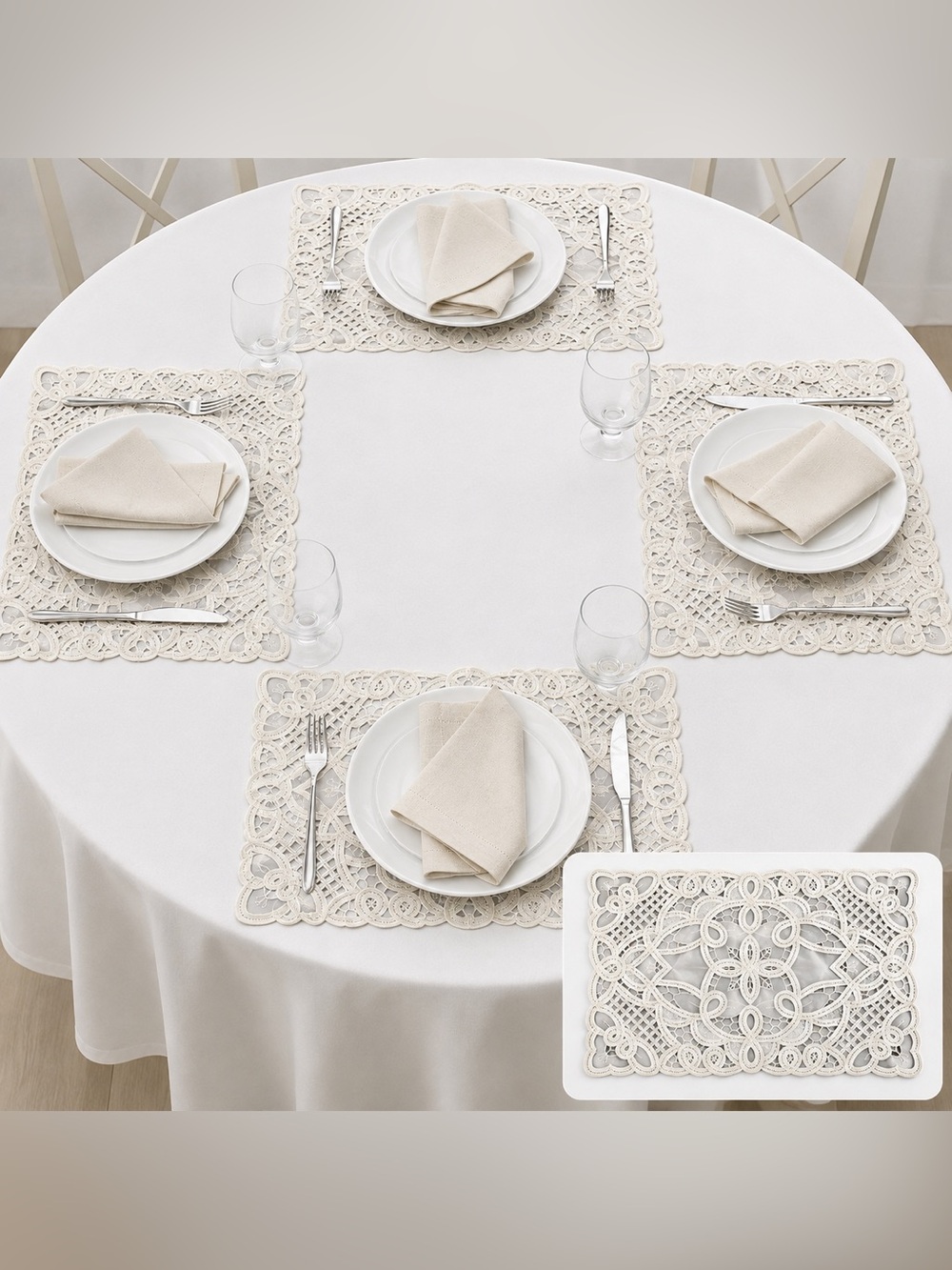 5 Piece Ivory Lace Cutwork Placemat Set Cottagecore Table Linens 16x10